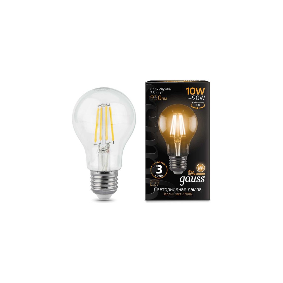 ნათურა Filament A60 E27 10W 2700К Gold - 102802010 gauss — ნათურა და ვაზნა